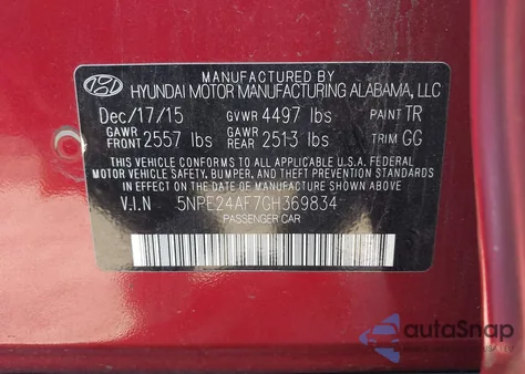 2016 Hyundai Sonata Se из США, поврежденный, VIN 5NPE24AF7GH369834